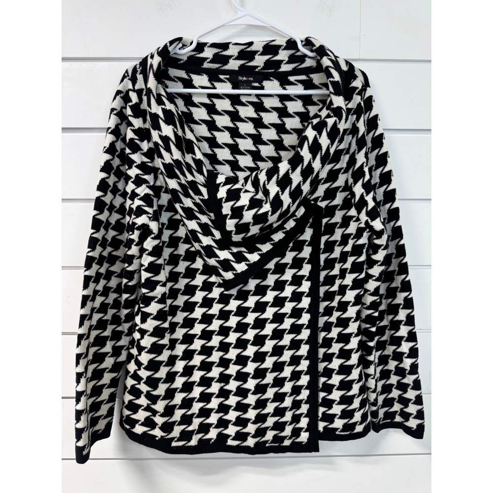 Style & Co Womens Houndstooth Draped Cowl Neck Cardigan Sweater Black White L